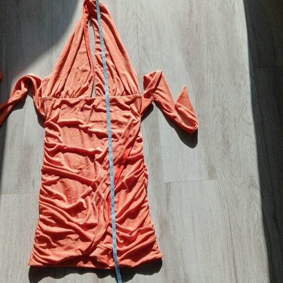 Princess Polly Bodycon Halter Dress Low Back Side Ruching Shimmer Orange Size 10 - Picture 8 of 12